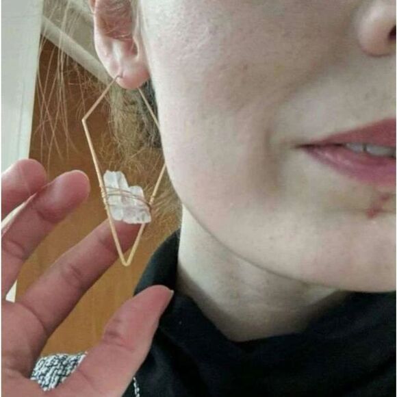 Crystal Quartz Stone Gold Geometric Triangle Hoop Statement Earrings - Picture 13 of 14